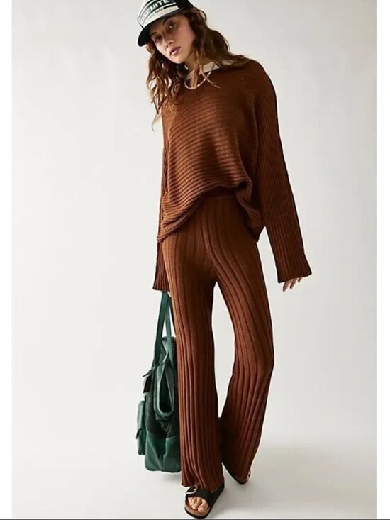 Free People Sweaters - Free People Beach Imogene Sweater Pant Set Medium Cigar Brown Cotton Ribbed Knit